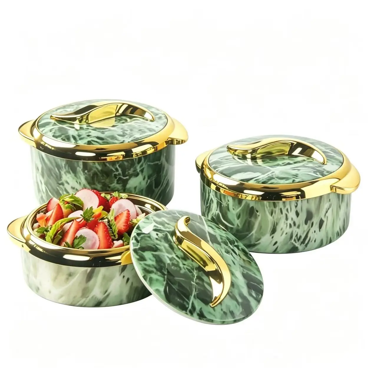 Green Marble 3-Piece Insulated Casserole Dish Set - Stainless Steel Thermal Food Warmer with Gold Lid, BPA-Free Stackable Serving Bowls for Soup, Party Buffet