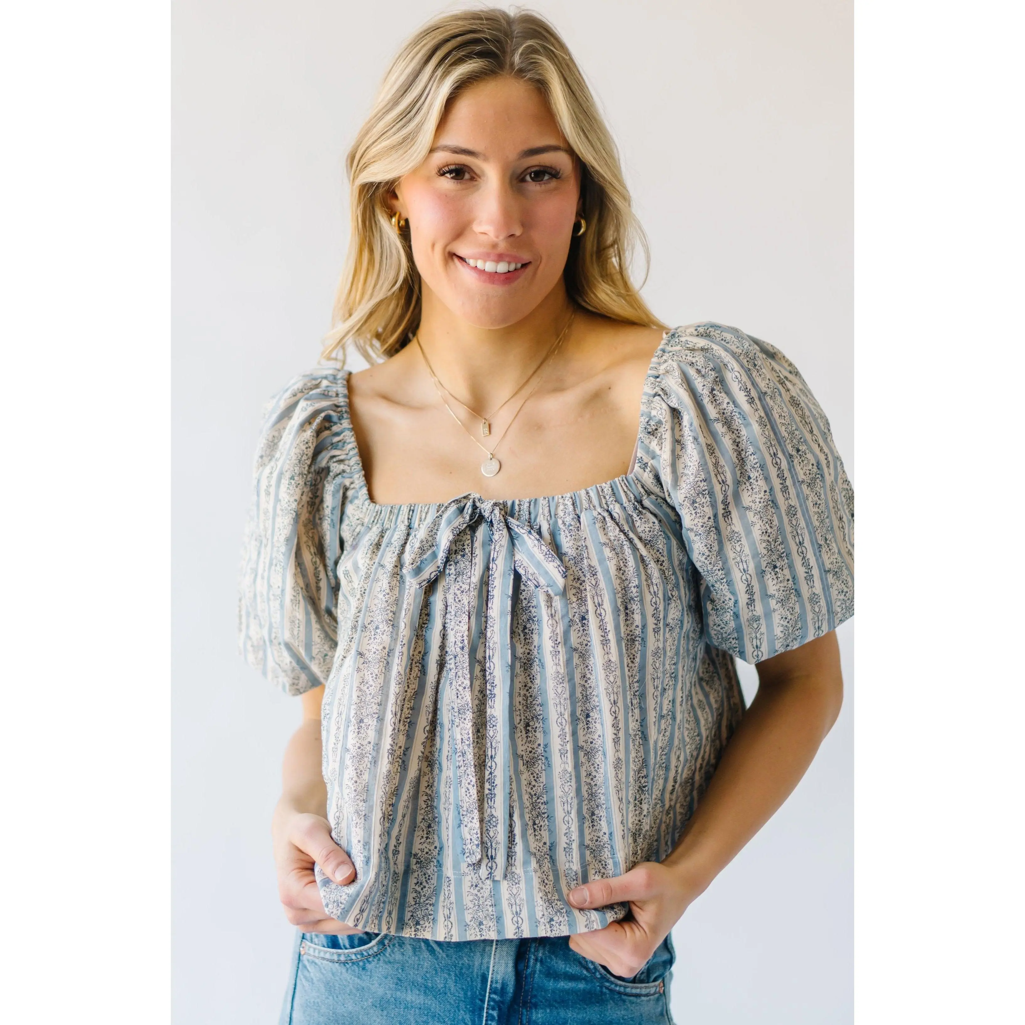 The Vasquez Striped Peasant Blouse in Blue