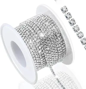 10 Yards 2MM Crystal Rhinestone Close Chain Trim for Sewing Crocs Shoes Clothes Cups, SS6 Claw Rhinestone Chain for Craft Jewelry Wedding Bouquet DIY Decoration, Silver