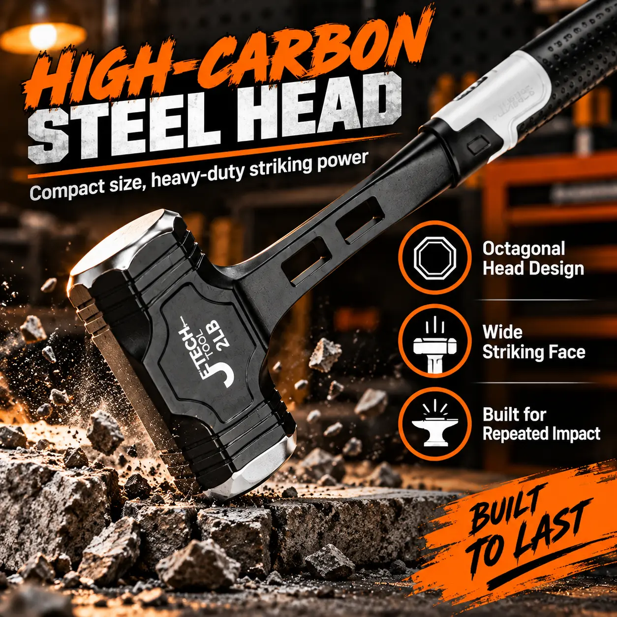 OUDISI 2-4 LB hollow octagonal hammer, high carbon steel heavy-duty demolition hammer with ergonomic non-slip handle, suitable for woodworking and construction.