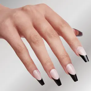 Black Swan Press-on Nails - Glossy Nude Base with Black Tips - Salon-Quality Coffin Shape - Easy Application for Evening Events