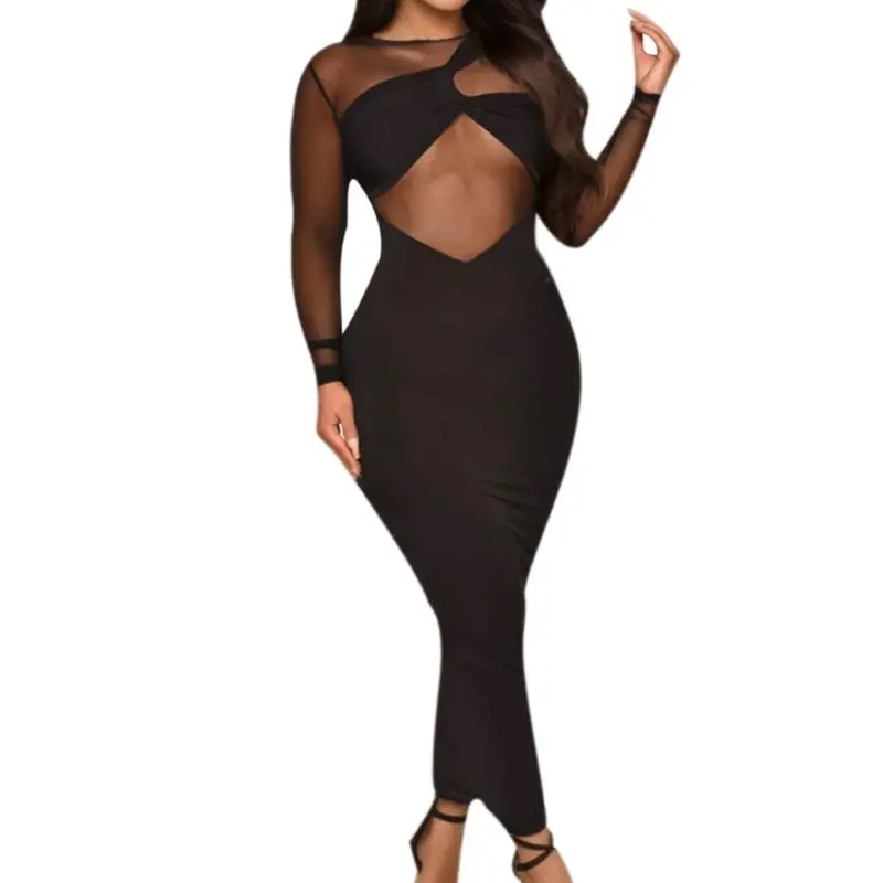 Midnight Siren Black Bodycon Dress with Mesh Sleeves and Cut-Out Design for Night Out