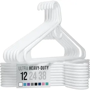 Thick Heavy Duty Hangers - White Plastic Clothes Hangers 12 Pack -  for Coat Hanger, Jackets Jeans & Suit Hanger for Closet -  Apartment Essentials Percheros Ganchos para Colgar Ropa