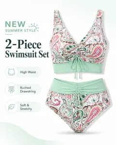 New Summer Style 2-Piece Swimsuit Set with High Waist Ruched Drawstring Soft & Stretchy Paisley Print for Beach Days & Pool Parties
