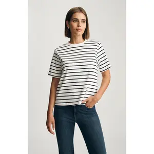 AUDREY INTERLOCK CREW NECK T-SHIRT IN BLACK WHITE STRIPE