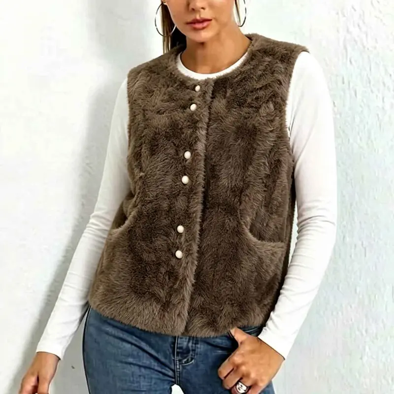 100% polyester faux fur women’s vest, crew neck, single-row button closure, plush sleeveless shrug for autumn/winter, vintage plush outer layer vest for women with pockets, warm layering tank outerwear, soft aesthetic faux fur sleeveless vest, simple sing