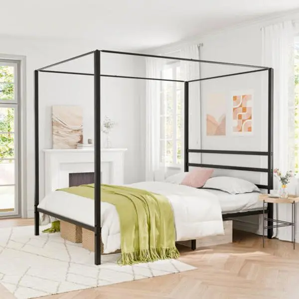 JupiterForce Minimalist Black 4-Poster Metal Canopy Storage Bed Frame - 14" Platform with Built-in Headboard, Anti-Slip Legs, 12" High Storage Compartment, Sturdy, 209.3*154*181cm, 24.45kg, DIY Assembly Required Indoor Furniture