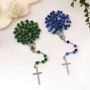 6MM royal blue bead rosary necklace, sweater chain accessory, rose rosary, Our Lady's grace prayer rosary gift, Christian sacred item set, suitable for funerals, baptisms, first communion ceremonies, rosary, Valentine's Day gift for boyfriend