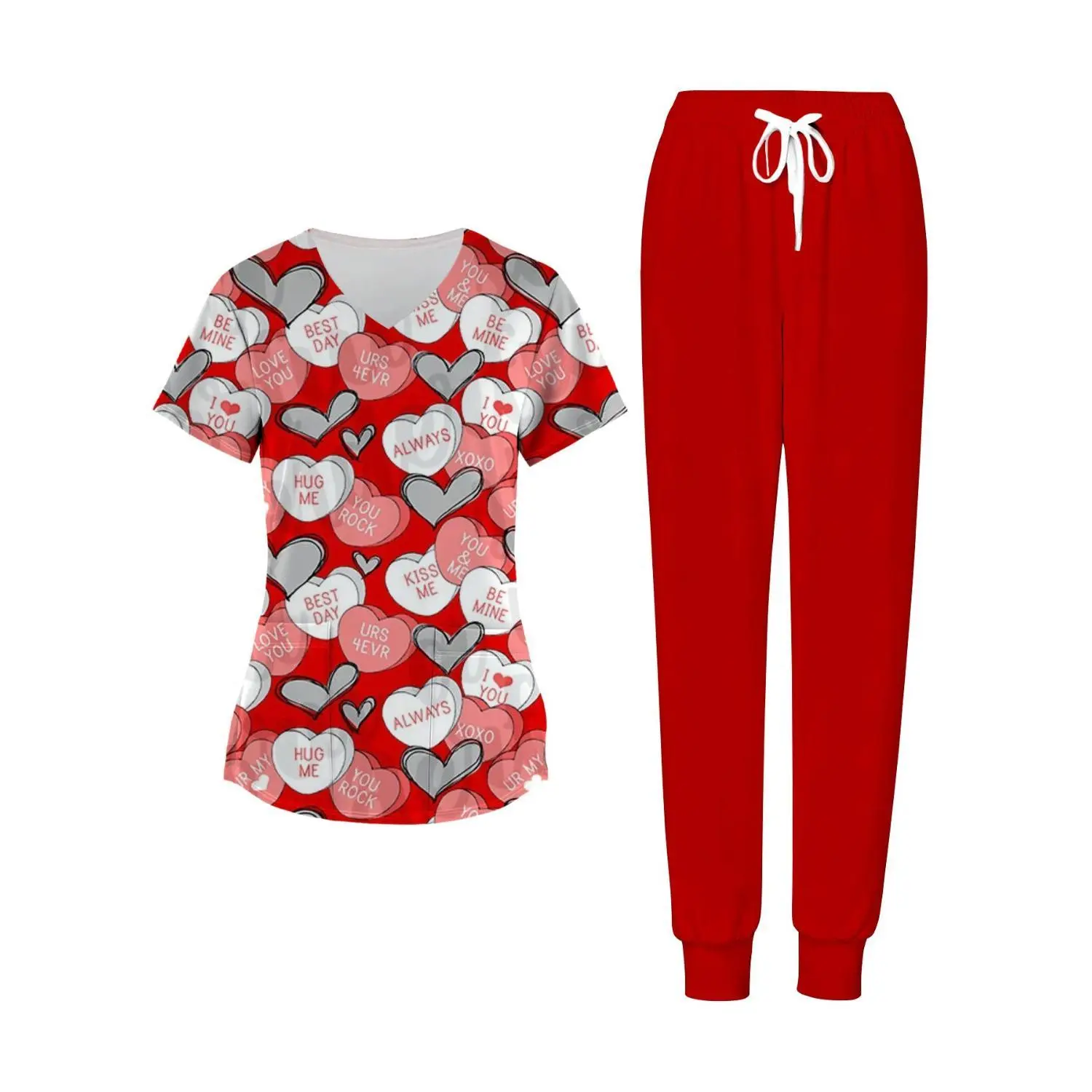 Plus-Size Women’s Two-Piece Heart-Patterned Valentine's Outfit with V-Neck Top and Pants