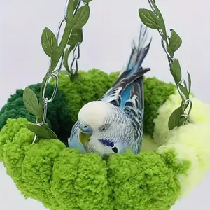 1pc Cozy Flannel Bird Hammock Nest Swing - Soft, All-Weather Comfort for Small Birds, Fun Forest-Themed Cage Accessory - Green & White with Leafy Chain Decor