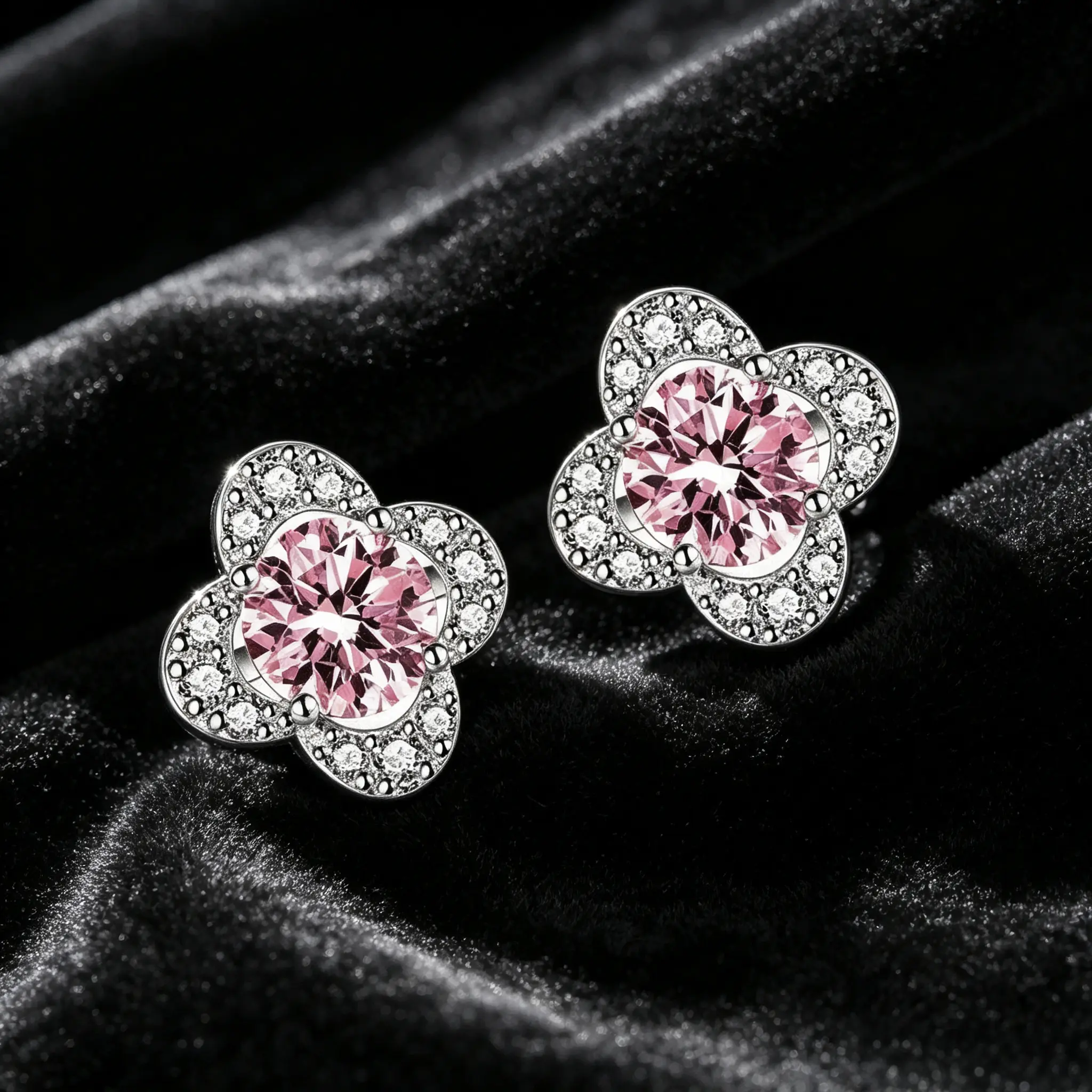 Dainty Blush Pink Clover Flower Stud Earrings, Sparkly Crystal Silver Jewelry for Daily Wear