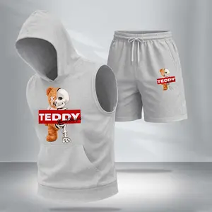 Men's Casual Two-Piece Set: Teddy Bear Athleisure Streetwear — 5-Color Hooded Vest & Shorts — Regular Fit, Sporty-Casual Style, Sleeveless Top & Shorts — Men's Summer Apparel