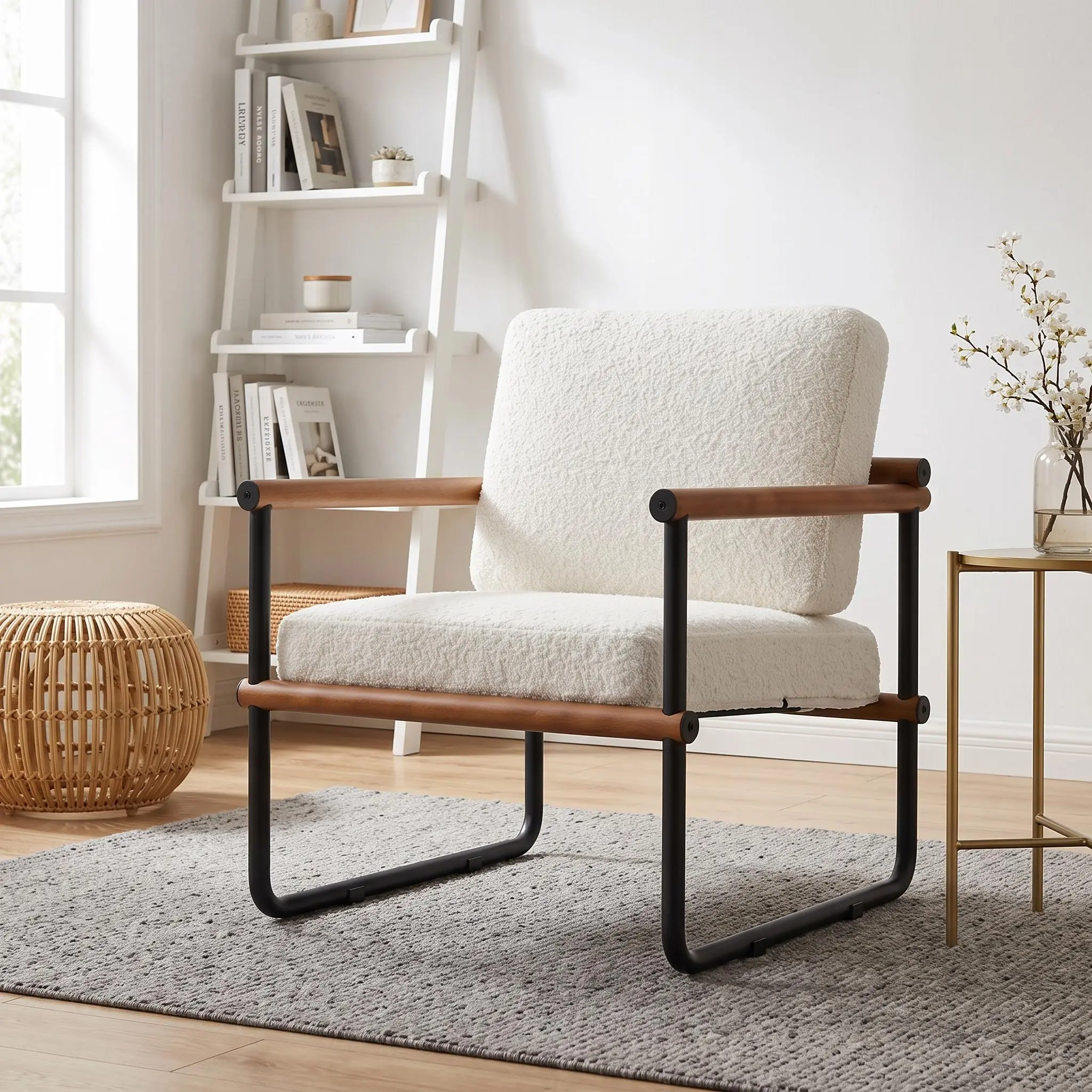 Nordic Teddy Fleece Accent Chair, 1 Piece Cream White Lounge Armchair with Solid Wood & Black Metal Frame, Soft Sherpa Fabric, Ergonomic Backrest & Lumbar Pillow, Comfy Reading Chair for Living Room, Bedroom, Study & Office, Easy Assembly