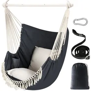 Hammock Chair Hanging Swing Max 500 Lbs 2 Cushions Included Steel Spreader Bar with Anti-Slip Grooves Portable Hanging Chair Side Pocket Large Macrame Bohemian Chair Indoor Outdoor
