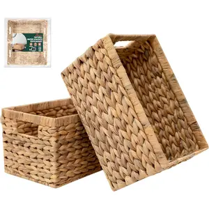 HOMESTEAD Water Hyacinth Storage Baskets with Built-in Handles, 13.5" x 8" Medium Rectangular Wicker Baskets for Bedroom, Living Room, Bathroom, Shelves - 2 Packs