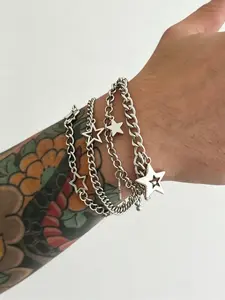 Men's Hip Hop Style Hollow Out Star Stackable Fashion Bracelet Set, Casual Vintage Design Daily Party Metal Bracelets Gift, Layered Bracelet Set