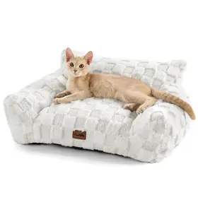 MADE 4 PETS Luxury Cat Bed Cat Couch Dog Bed Soft Faux Fur Checkered Pet Sofa Calming Fluffy Cat Sofa with Supportive Foam Removable Washable Cover Non-Slip Base White Small