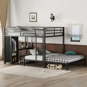 Eyisean Queen Over Queen Size Metal Bunk Bed, Space-Saving Bed Frame with Desk & Wardrobe, Storage Chairs, Heavy Duty Safety Bunk Beds with Guardrail & Ladder, No Box Spring Needed, Modern Slats Beds for Adults, Bedroom