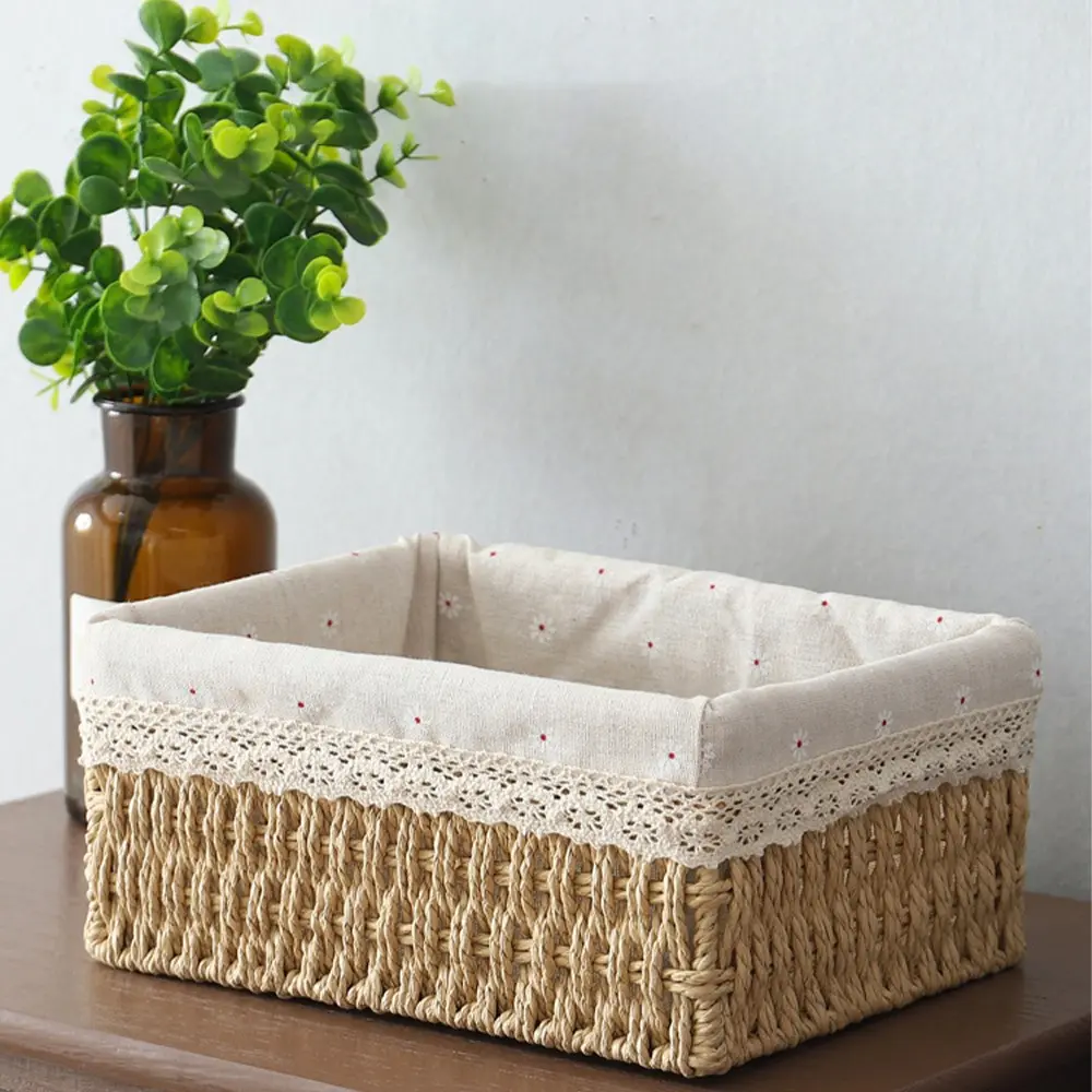Bohemian Style Woven Storage Basket Set, Handmade Decorative Cosmetic Organizer, Toiletries Basket, Vintage Country Style with Fabric Lining, Stackable Rectangular Box, Wicker Storage Basket, Woven Baskets, Home Storage Organizer