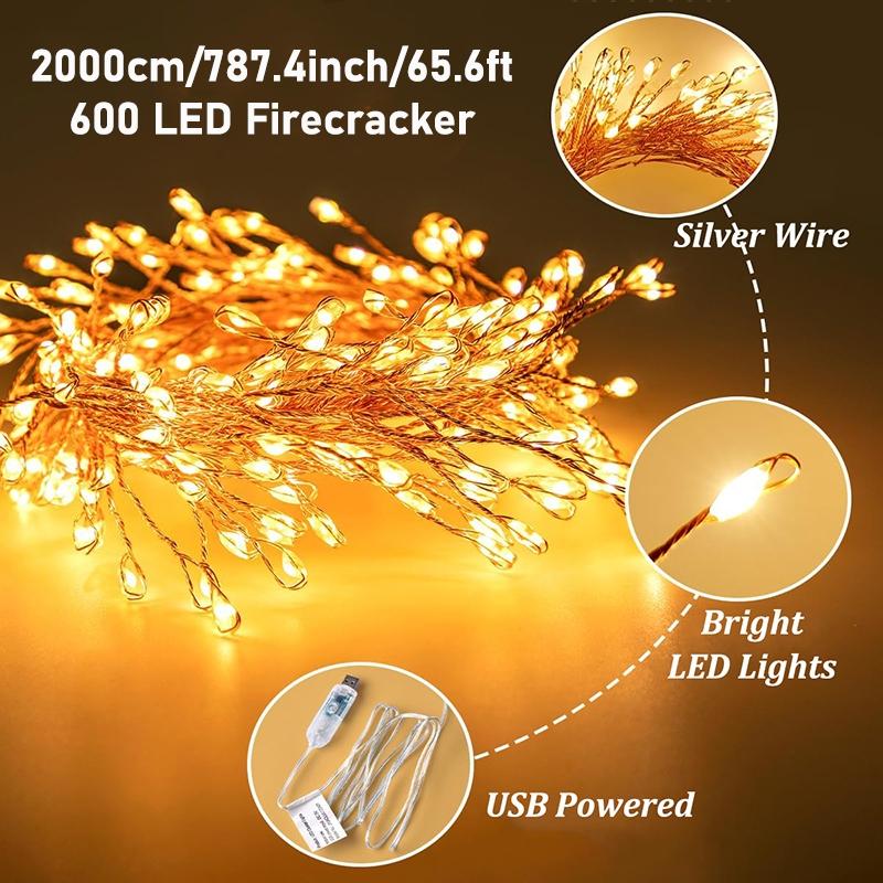 LED Fairy Lights String, Super Bright Led 65.6ft 600 Leds Warm /cold /rainbow Colors, USB Powered Remote Control Firefly Light for Christmas Wedding Party