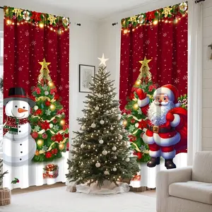 2 red and gold Christmas curtains with snowman, Santa Claus, and Christmas tree designs Window Curtain