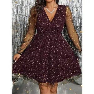 Plus-size women’s deep V-neck mesh sleeve sequined star-print sexy party evening A-line dress with a slim patch galaxy pattern