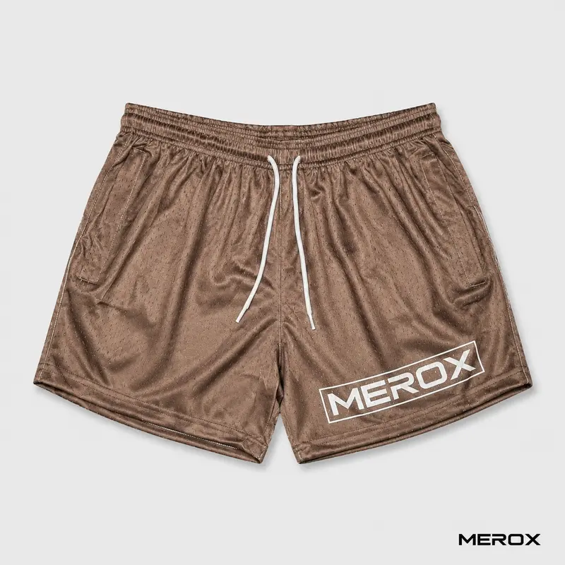 MEROX Brown 5-Inch Mesh Shorts for Men & Women, Unisex Gym Workout Shorts with Zipper Pockets, Adjustable Drawstring and No Liner