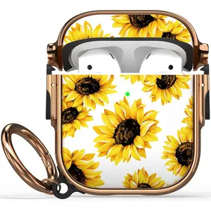 P-PCS026    for AirPods Case with Lock, Flower AirPod Case Lock Hard Protective Cute AirPods 2 Cover for Women Men with Keychain for AirPod 2nd 1st Generation Cover 2&1, Sunflower