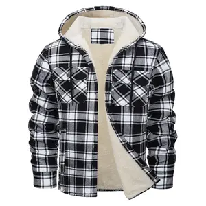 Thick Warm Flannel Hooded Jacket Mens Sherpa Fleece Lined Winter Coats Button Down Fashion Casual Plaid Shirt Jacket With Pocket