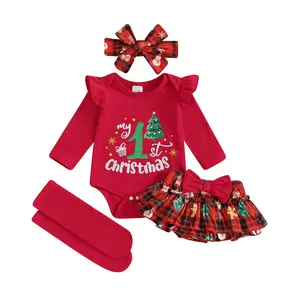 Baby Girl Christmas Outfit, Long Sleeve Letters Romper with Plaid Shorts Headband Socks Winter Variety Gift Set