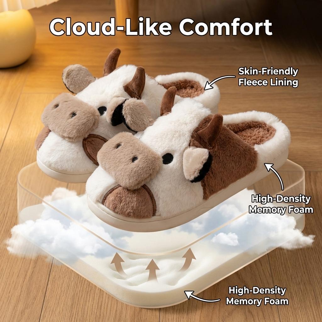 Cute Cow House Slippers for Couple, Kawaii Fuzzy Cozy Funny House Shoes, Cartoon Animal Design Plush Fluffy Slippers for Women & Men, Silent Anti-slip Slippers, Matching Trendy Warm Slippers