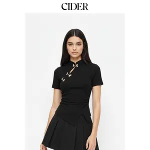 Cider Mandarin Collar Ruched Split Top