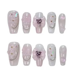 H84 Handmade Decorative Nails for Fugitive Princess Bow-Shaped Luxury High-End Nail Art Stickers for Long-Style Wear with Elegant Rhinestone Decorated