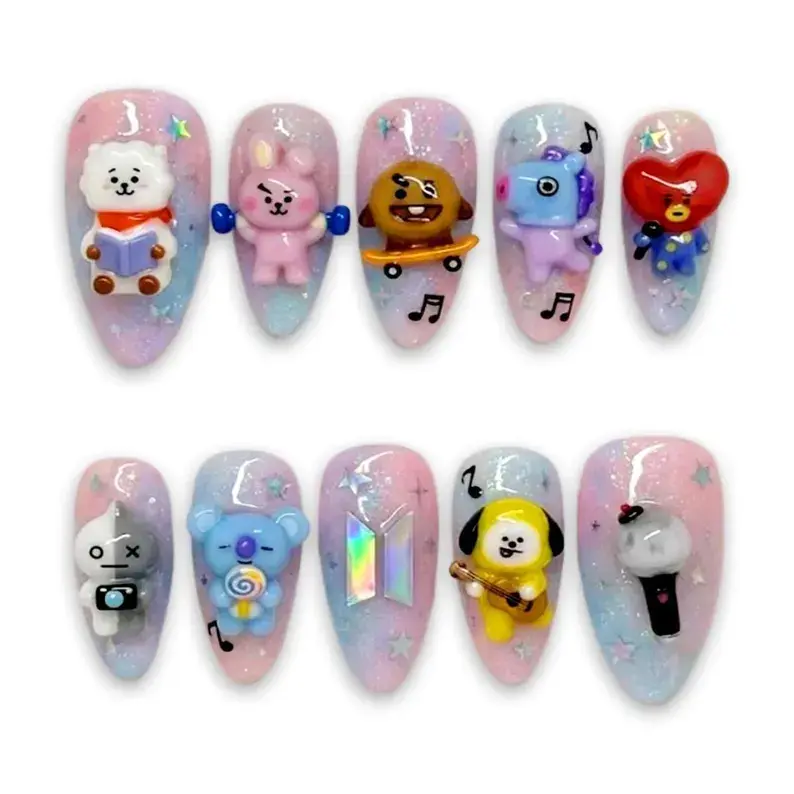 Kpop Inspired Kawaii Character Nail Set, 3D Cute Press On Nails, BT21 Style Cartoon Nails, Glitter Galaxy Nails, Handmade Pop Idol Nails