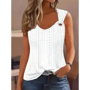 Stylish Eyelet Solid Tank Vest - Women's Casual Sleeveless Summer Top with Breathable Fabric and Relaxed Fit - Perfect for Outdoor Activities