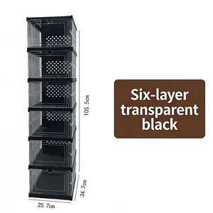 Clear Door Drop Front Shoe Storage Bin 6-Tier, Plastic Stackable Shoe Rack Cabinet for Closet and Entryway Organization