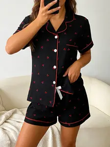 Women's Short Sleeve Button Down Top and Shorts Pajama Set, Spring Summer Wear, For French Lazy Style Girls, Black Base Red Cherry Print, Classic Lapel Collar, Loose Fit, Comfortable For Home & Short Trips
