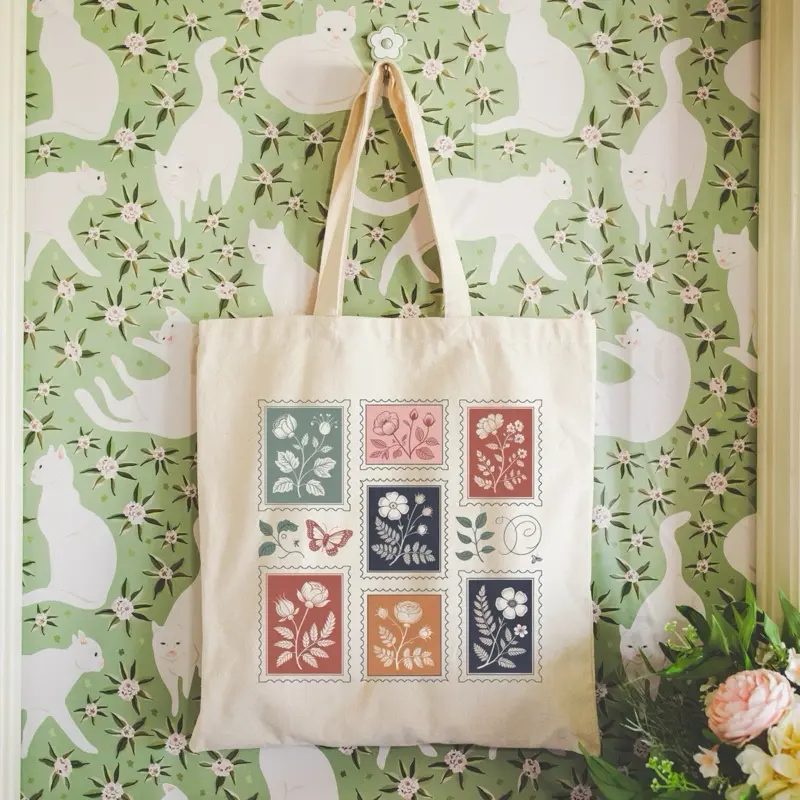 Wildflower Stamp Book Bag L Canvas Tote for Readers Teachers Shopping 15" L x 3"W Eco-Friendly Floral Design Durable Shoulder Straps