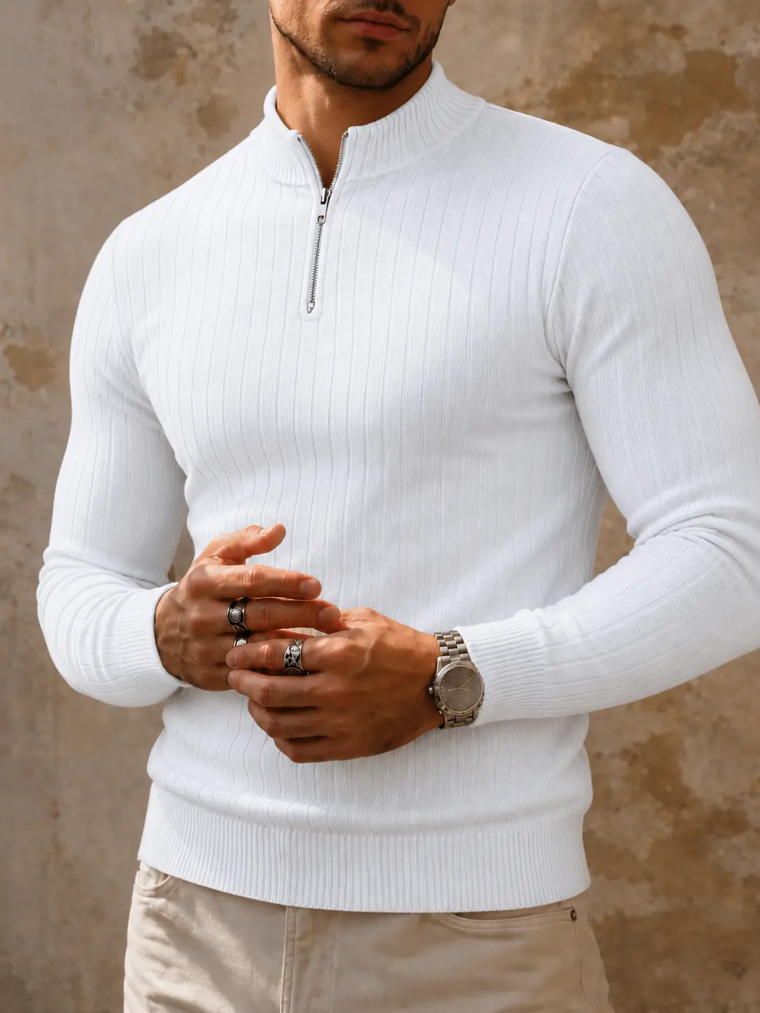 Men’s Vintage Ribbed Knit Quarter Zip Sweater, Refined Mock Neck Slim Fit Pullover, Classic Minimalist Long Sleeve Top for Fall, Office & Daily Wear