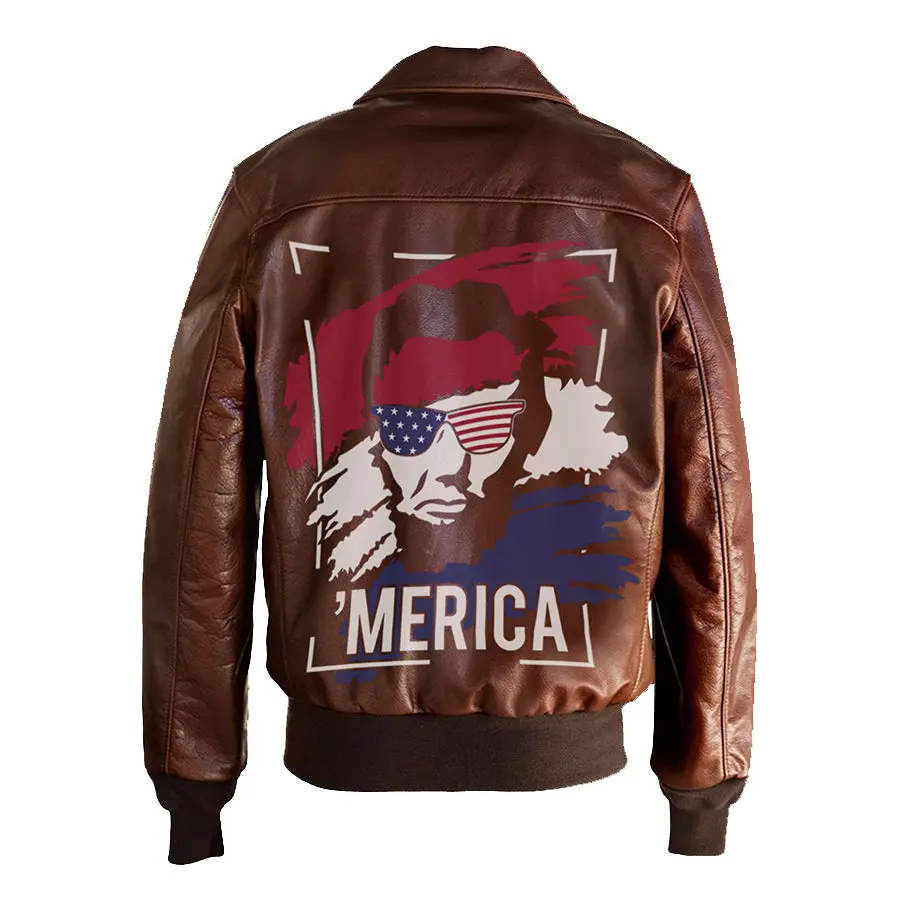 American Abraham Lincoln Freedom Printed Bomber Genuine Leather Jacket