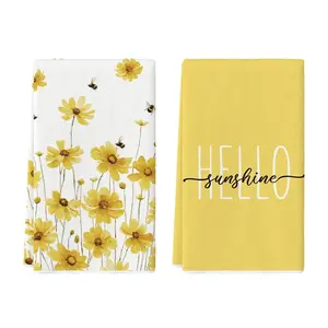 Yellow Flowers Bee Hello Sunshine Spring Kitchen Towels Dish Towels, 16x24 Inch Summer Holiday Decoration Hand Towels Set of 2
