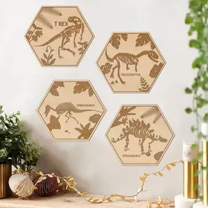 4 Piece Wooden Dinosaur Theme Wall Decor, Artwork for Walls, Ideal for Game Room, Bedroom, Classroom, Family Party, Home Decoration, Hanging Ornament
