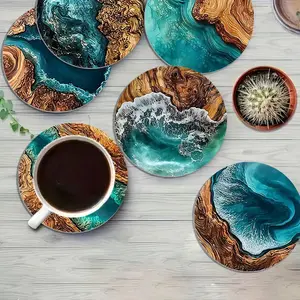 Oceanic & Tropical Wood Grain Coasters Set, Heat Resistant Non-Slip Mats for Coffee Shop Office Kitchen Restaurant, Kitchen Decorative Placemat, Perfect Gift
