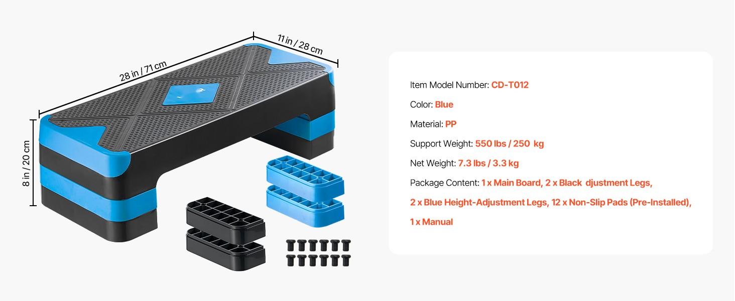 Aerobic Exercise Step Platform With Adjustable Height For Home Gym Cardio Training - Non Slip Surface Four Riser Levels, Blue, Durable And Stable Workout Stepper For Step Aerobics HiImpact Training, Cardio Conditioning And Fitness