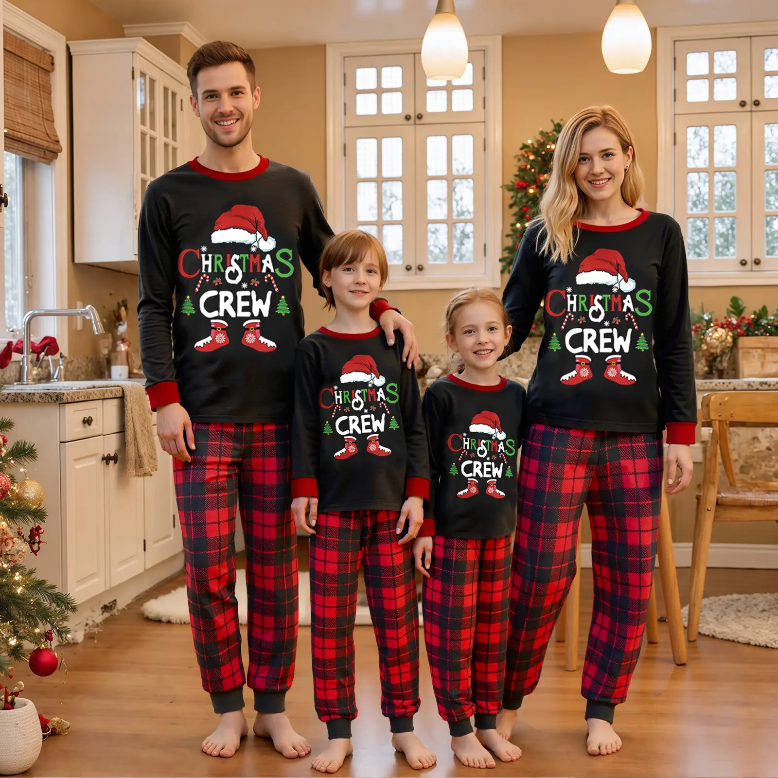 REDWOON Christmas Crew Santa Hat Print Family Matching Christmas Pajamas Set 2Piece Outfits Loungewear Sleepwear For Adult Kids Baby Xmas Holiday Party Family Gathering