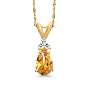 14K Yellow Gold Yellow Citrine and White Topaz Pendant Necklace for Women | 0.80 Cttw | Gemstone November Birthstone | Pear Shape 8X5MM | With 18 Inch Chain