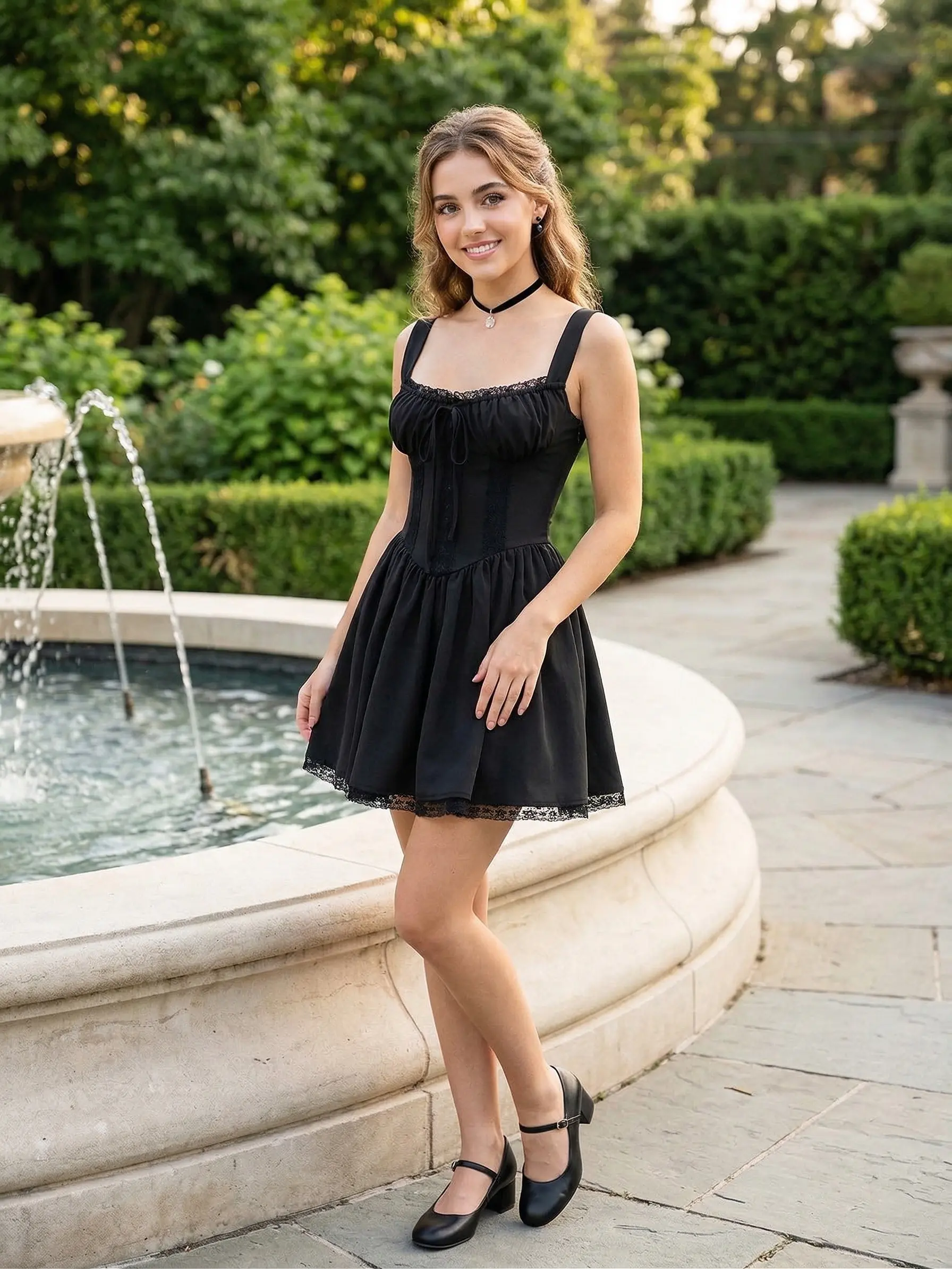 RETRO STAGE Women's Black Solid Sleeveless Lace Ruffle Corseted Dress - Fitted Gothic Aesthetic Above-Knee Skater Skirt, Back Lace-Up Detail, for Casual Wear & Summer Vacation