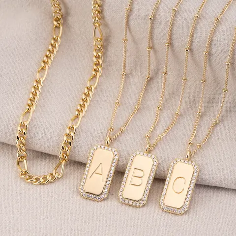 Women's Dainty Layered Initial Alphabet Necklace, Gold-Plated Figaro Chain with Cute Square-Rectangle Letter Pendant, Letters Artificial Gemstone Necklaces & Pendants, Elegant Choker Jewelry for Summer Deals