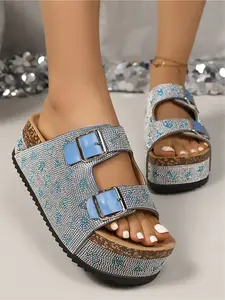 Women's Summer Fashion Thick Sole Sandals Bohemian Style Platform Slides 2026 New Arrival Strappy Metal Buckle Studs Decorated Height Incr Beach Shoes