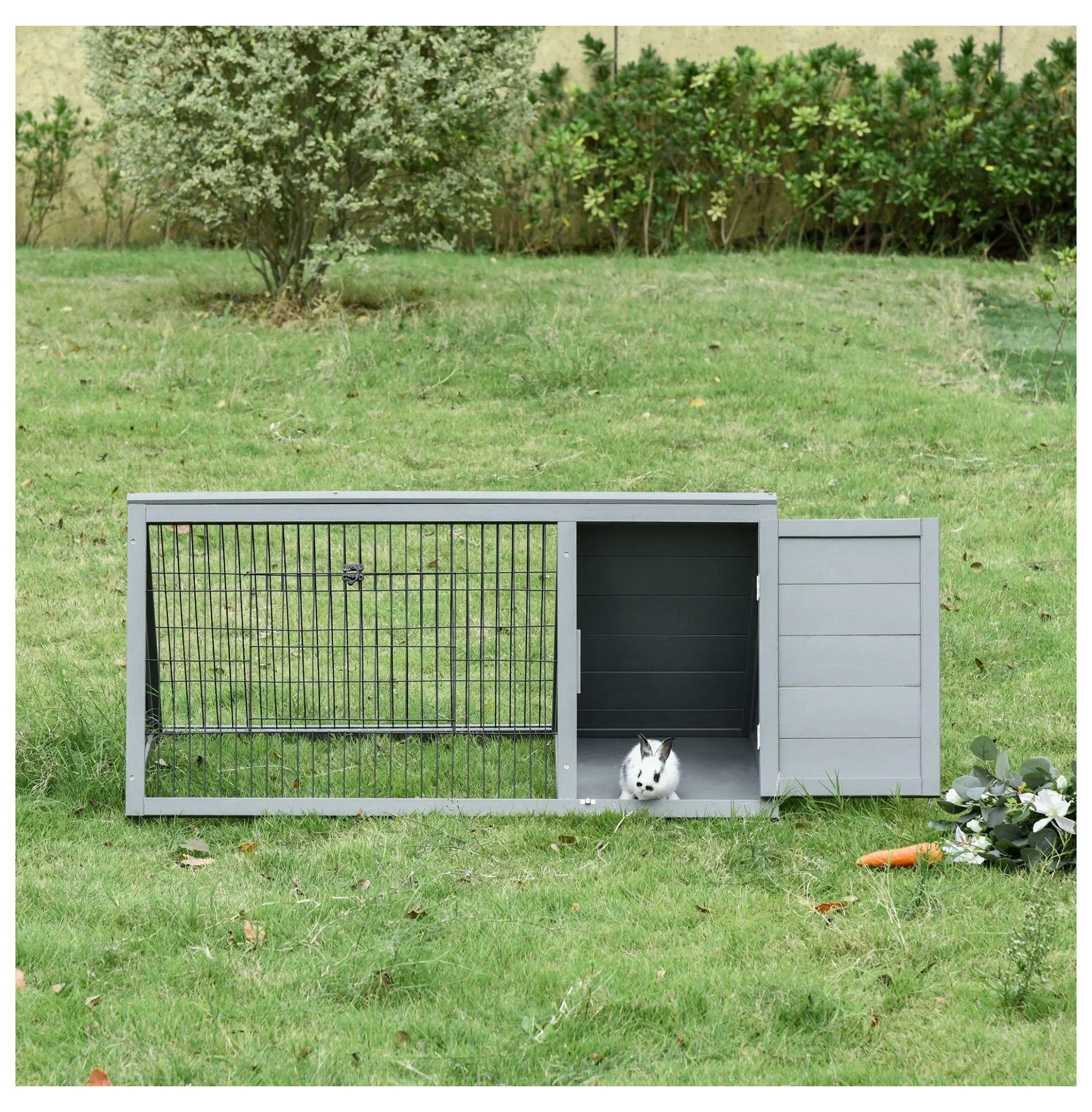 Rabbit Hutch 46x24 Inch, Wooden A-Frame Bunny Cage with Run, Gray Small Animal Habitat Grey